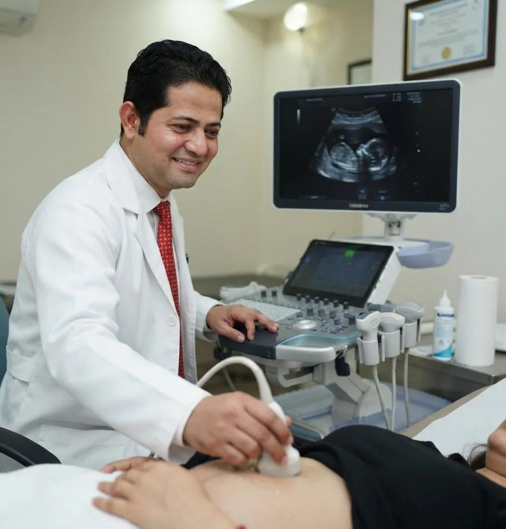 Adarsh Hospital Koppa - Doctor performing ultrasound scanning on maternal patient
